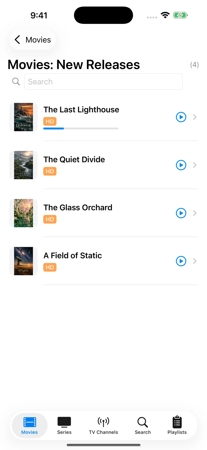 iPhone movie library with fictional titles and continue watching