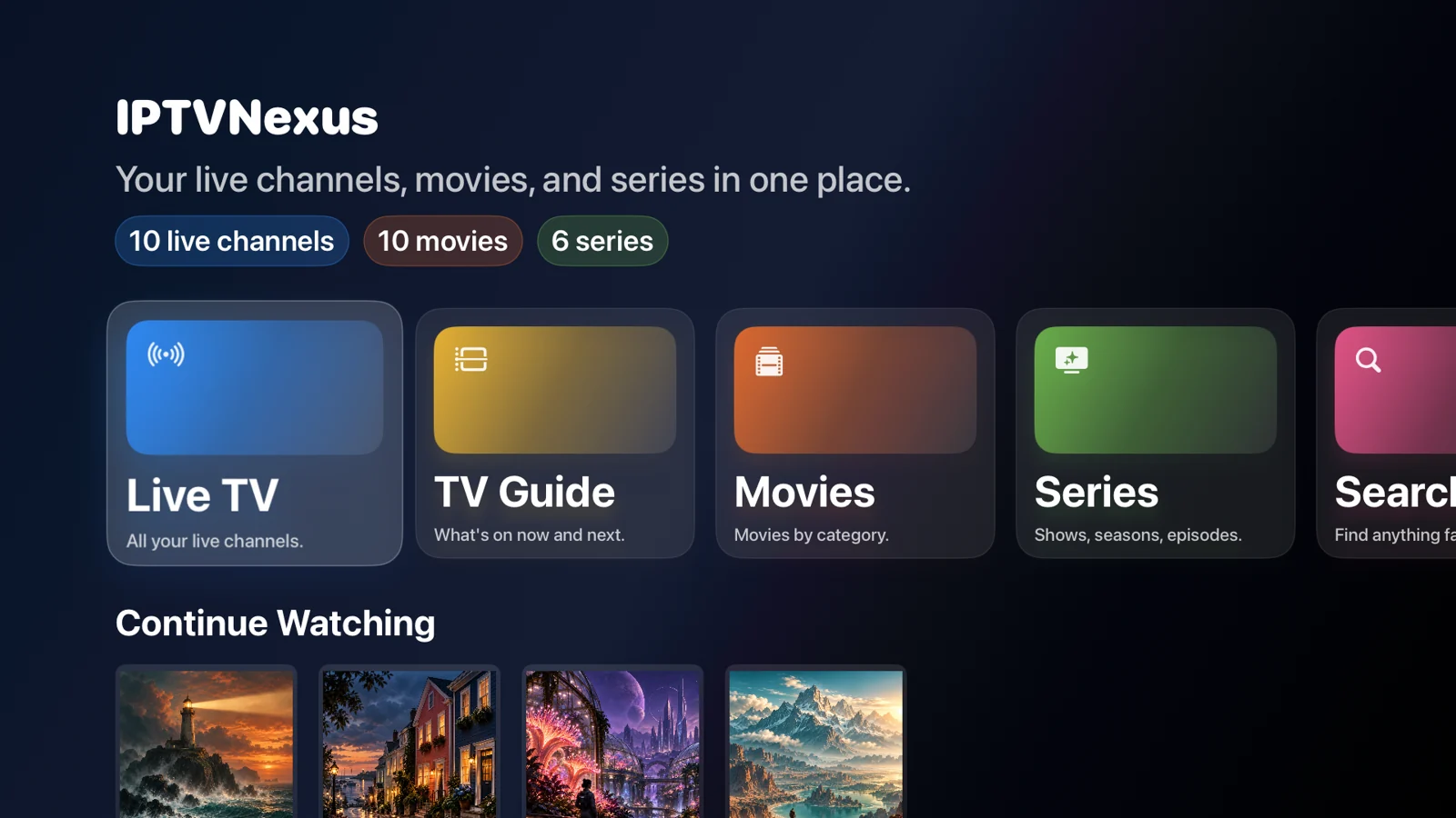 Apple TV home screen showing live TV, guide, movies, series and continue watching
