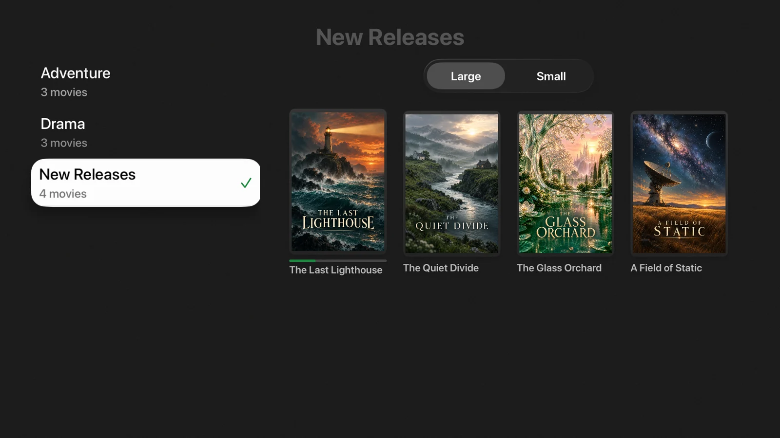 Apple TV movie browser with fictional movie posters